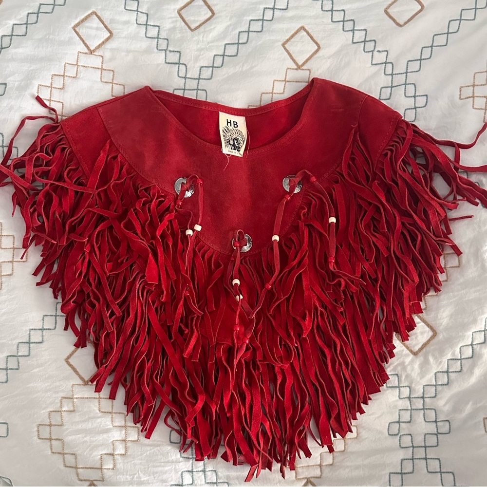 HB Red Suede Leather Fringe Poncho